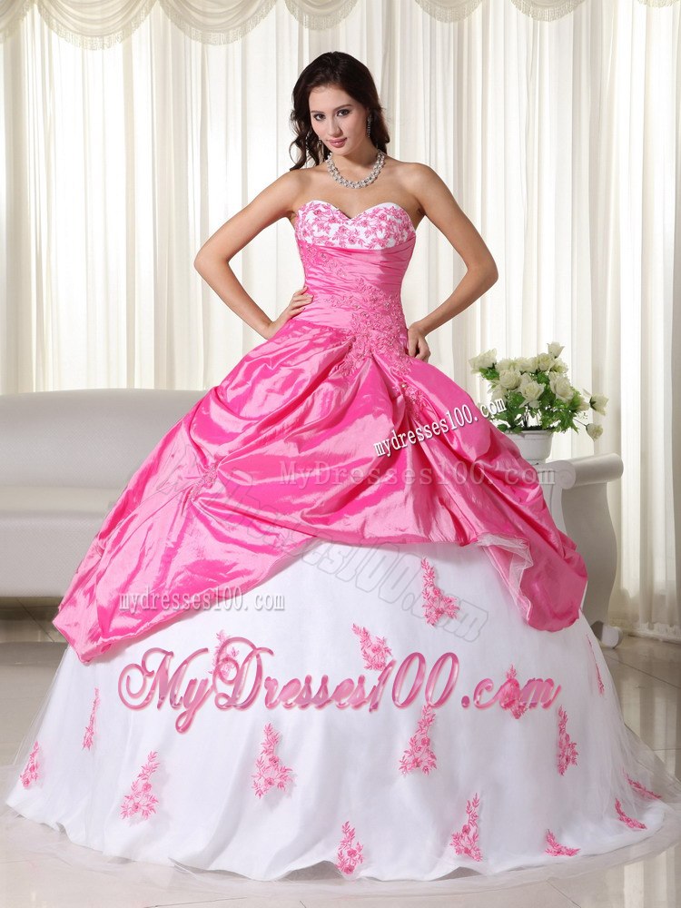 Pink and White Sweet 16 Birthday Ball Gown Sweetheart Appliques