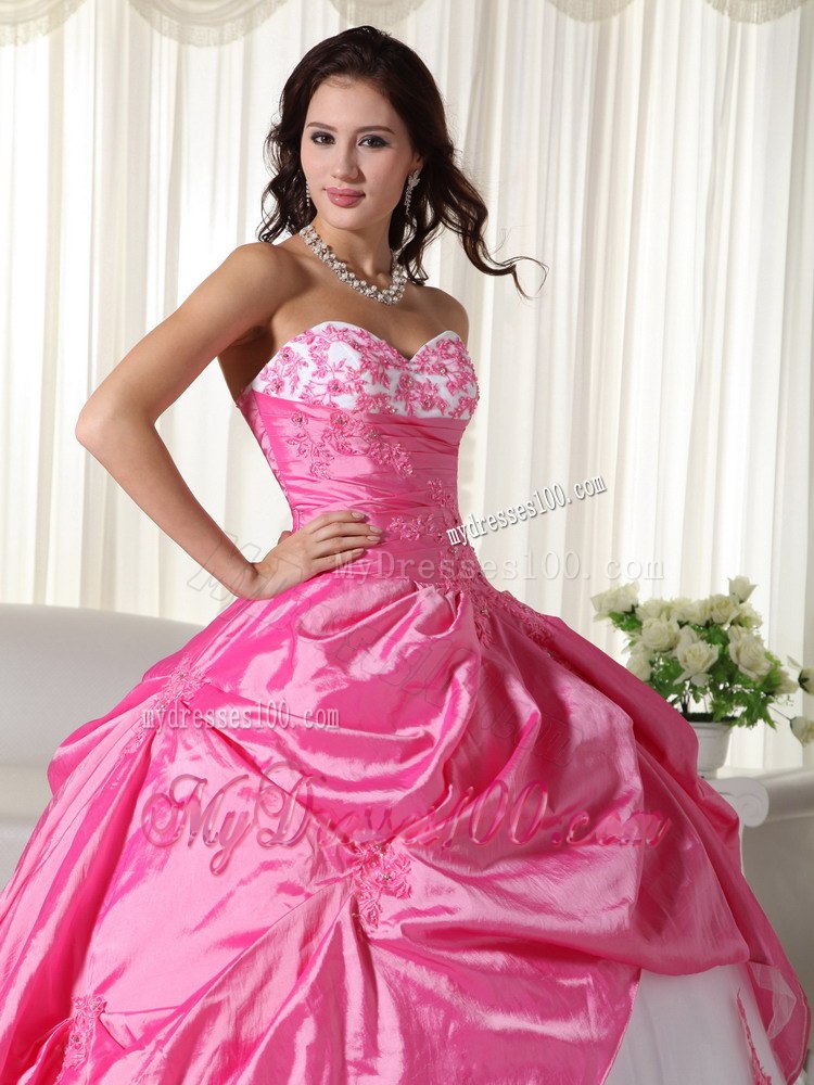 Pink and White Sweet 16 Birthday Ball Gown Sweetheart Appliques