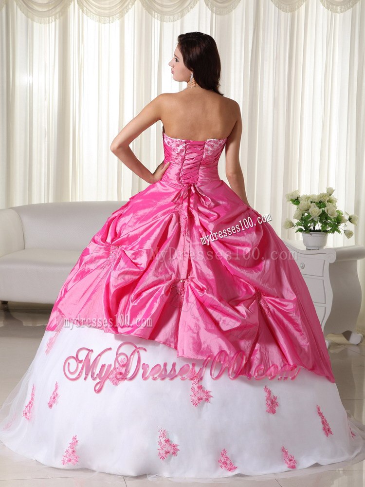 Pink and White Sweet 16 Birthday Ball Gown Sweetheart Appliques