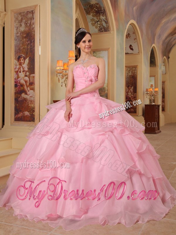 Beading and Hand Flowers Pink Quinceaneras Dress Sweetheart Beading