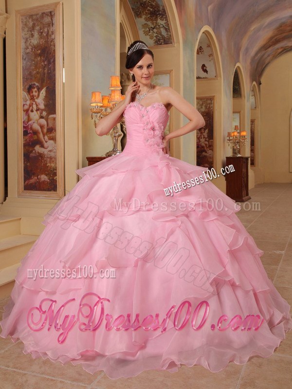 Beading and Hand Flowers Pink Quinceaneras Dress Sweetheart Beading