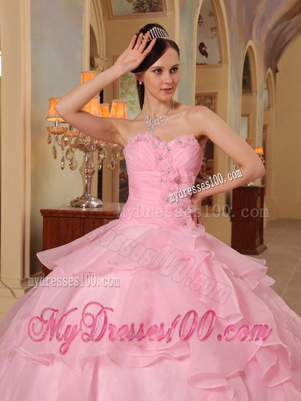 Beading and Hand Flowers Pink Quinceaneras Dress Sweetheart Beading