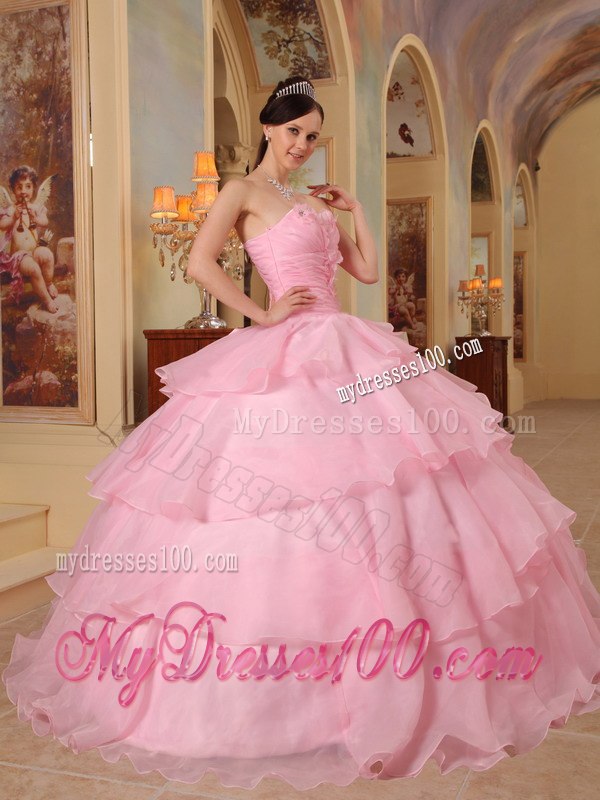 Beading and Hand Flowers Pink Quinceaneras Dress Sweetheart Beading