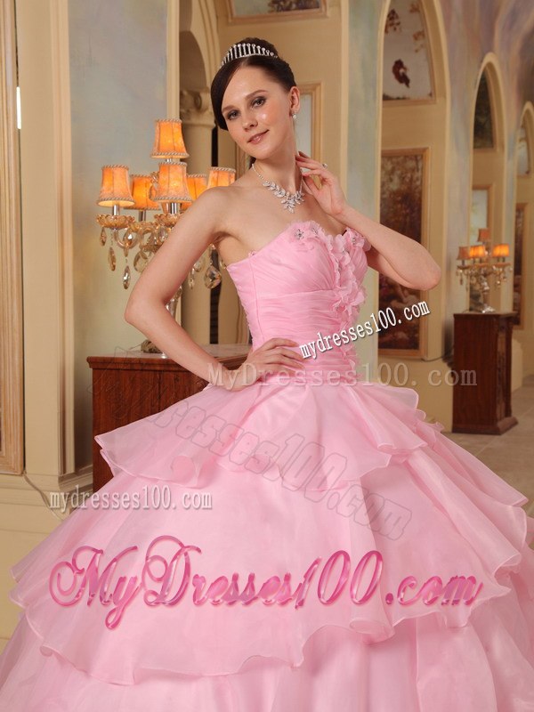 Beading and Hand Flowers Pink Quinceaneras Dress Sweetheart Beading