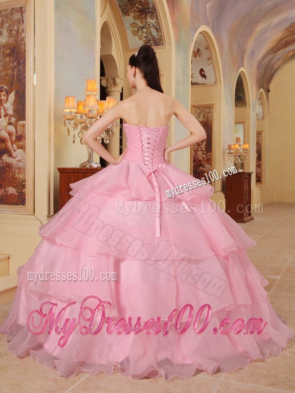 Beading and Hand Flowers Pink Quinceaneras Dress Sweetheart Beading