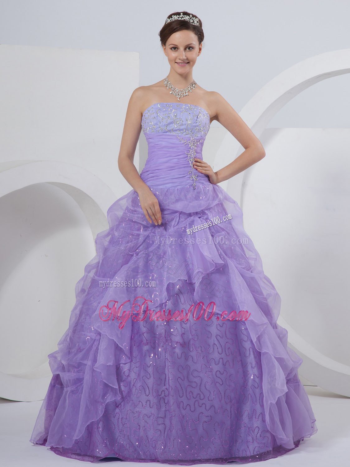 Beaded Strapless A-line Purple Ruffles Floor-length Quinceanera Dresses