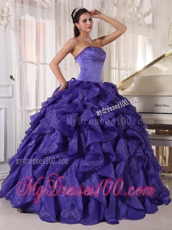 Beading Purple Dress for Quinceanera Strapless Floor-length Satin and Organza