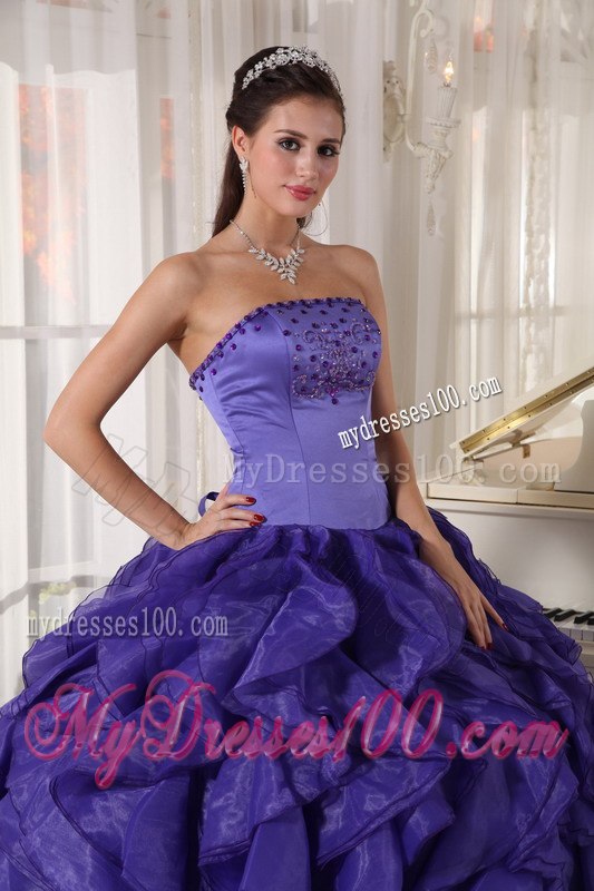 Beading Purple Dress for Quinceanera Strapless Floor-length Satin and Organza