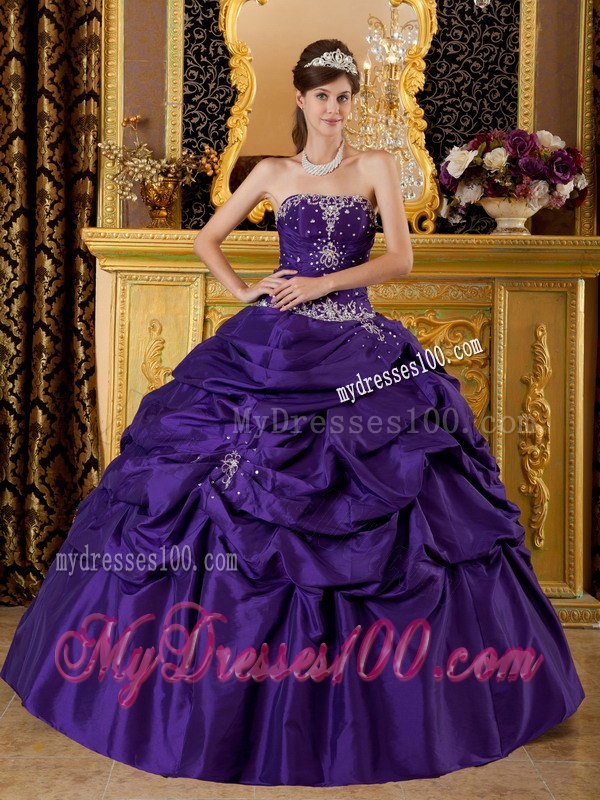 Purple Quinceanera Gown Strapless style Appliques And Pickups for Quince