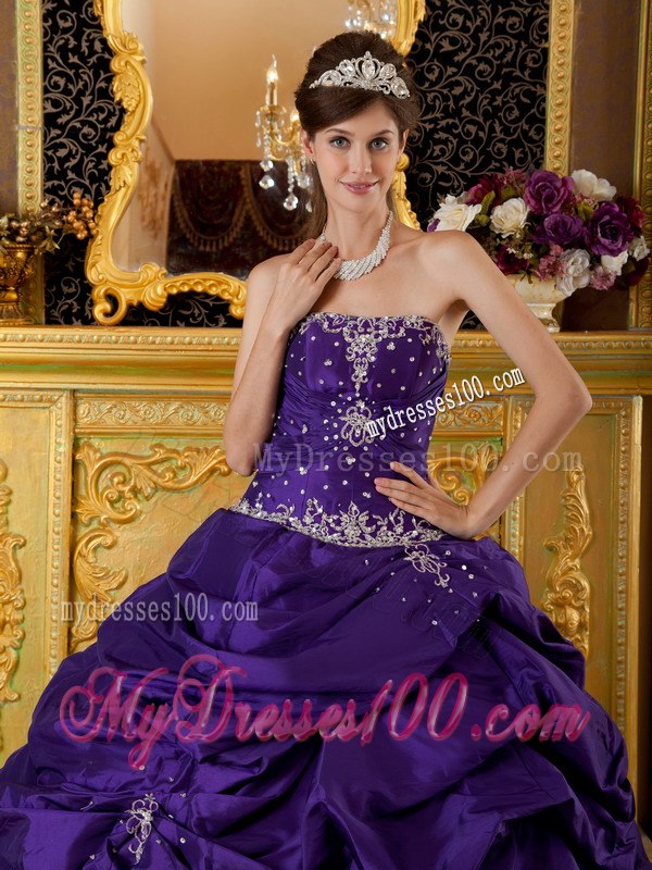 Purple Quinceanera Gown Strapless style Appliques And Pickups for Quince