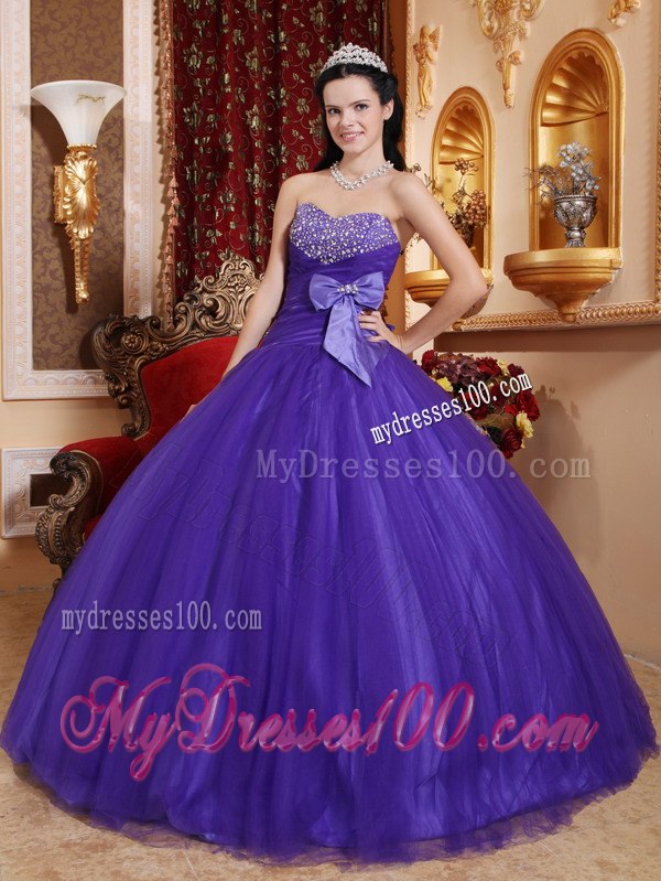 Bow Purple Quinceanera Dress Sweetheart Tulle and Tafftea Beading