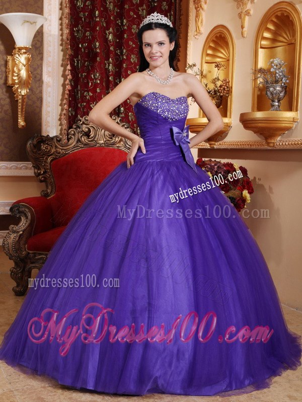 Bow Purple Quinceanera Dress Sweetheart Tulle and Tafftea Beading