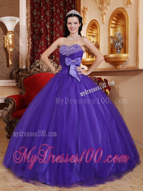 Bow Purple Quinceanera Dress Sweetheart Tulle and Tafftea Beading