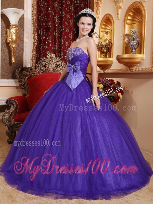 Bow Purple Quinceanera Dress Sweetheart Tulle and Tafftea Beading