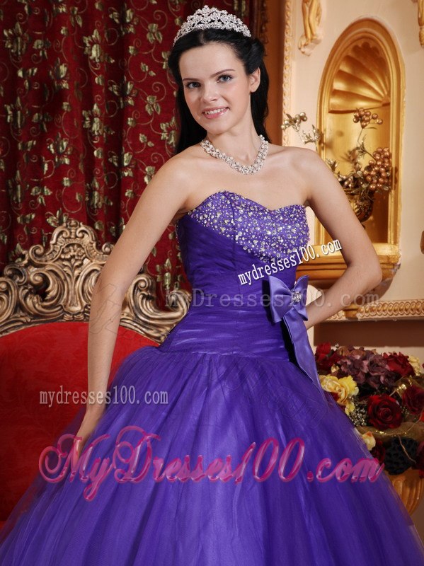 Bow Purple Quinceanera Dress Sweetheart Tulle and Tafftea Beading
