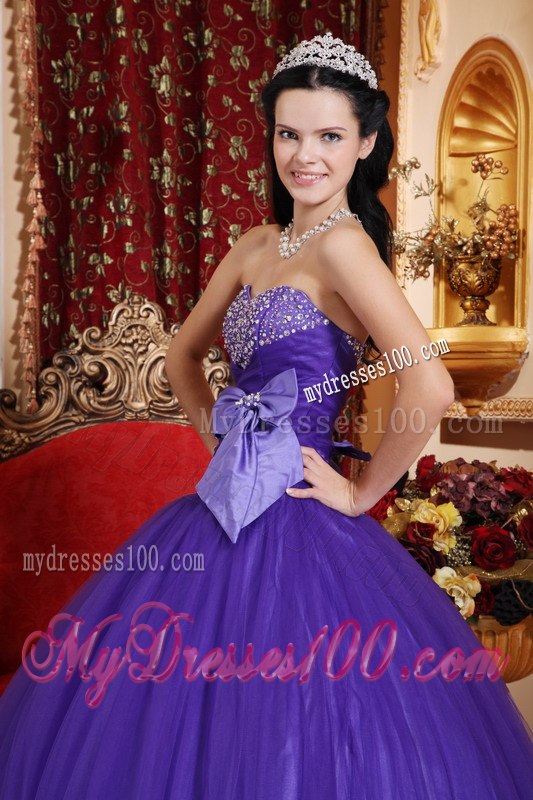 Bow Purple Quinceanera Dress Sweetheart Tulle and Tafftea Beading