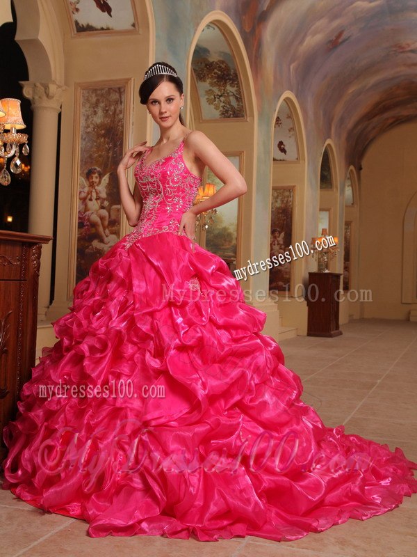 Spaghetti Straps Red Embroidery Quinceanera Dress with Brush Train