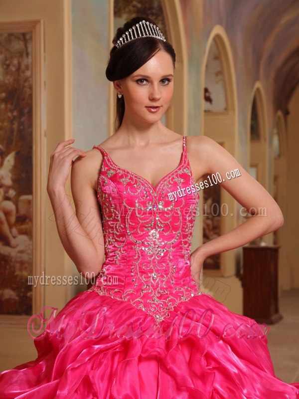 Spaghetti Straps Red Embroidery Quinceanera Dress with Brush Train