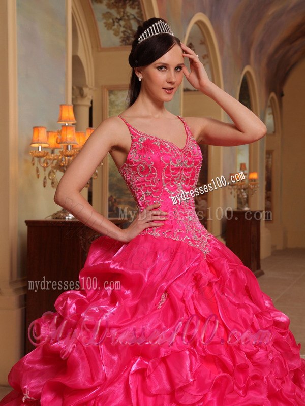 Spaghetti Straps Red Embroidery Quinceanera Dress with Brush Train