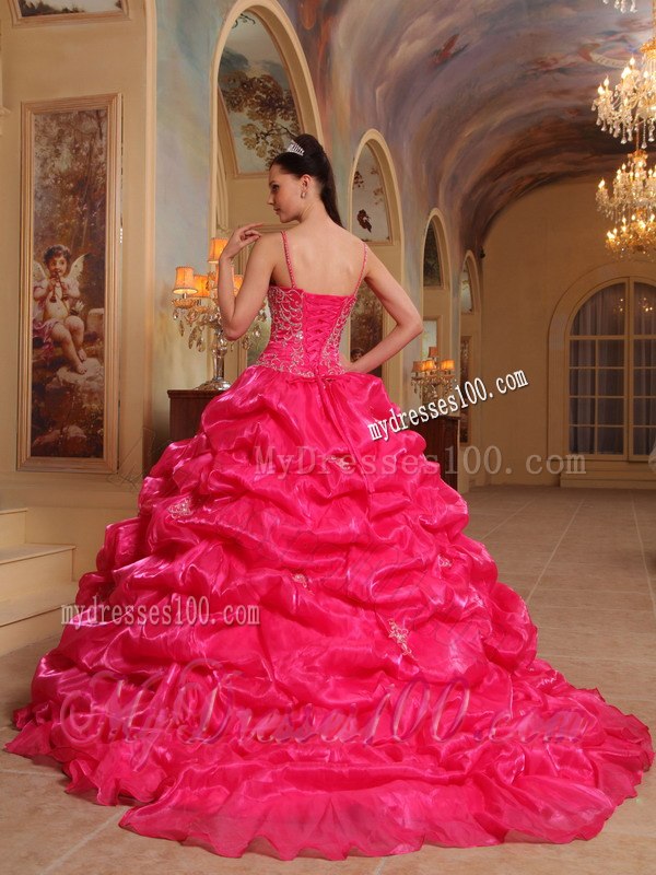 Spaghetti Straps Red Embroidery Quinceanera Dress with Brush Train