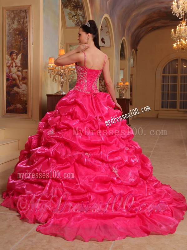Spaghetti Straps Red Embroidery Quinceanera Dress with Brush Train