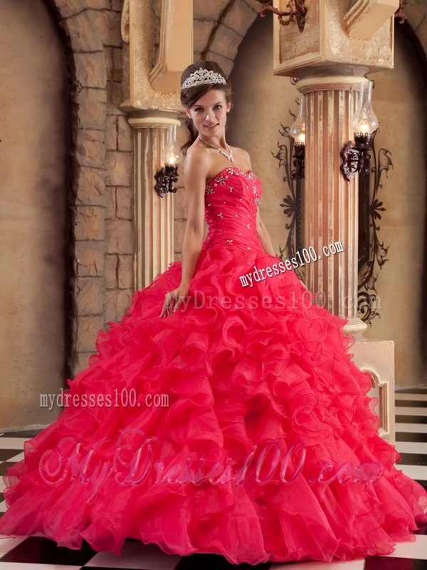 Red Ruffles Ball Gown Sweetheart Organza Quinceanera Dresses