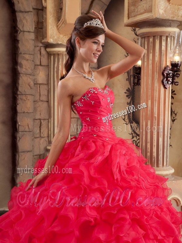 Red Ruffles Ball Gown Sweetheart Organza Quinceanera Dresses