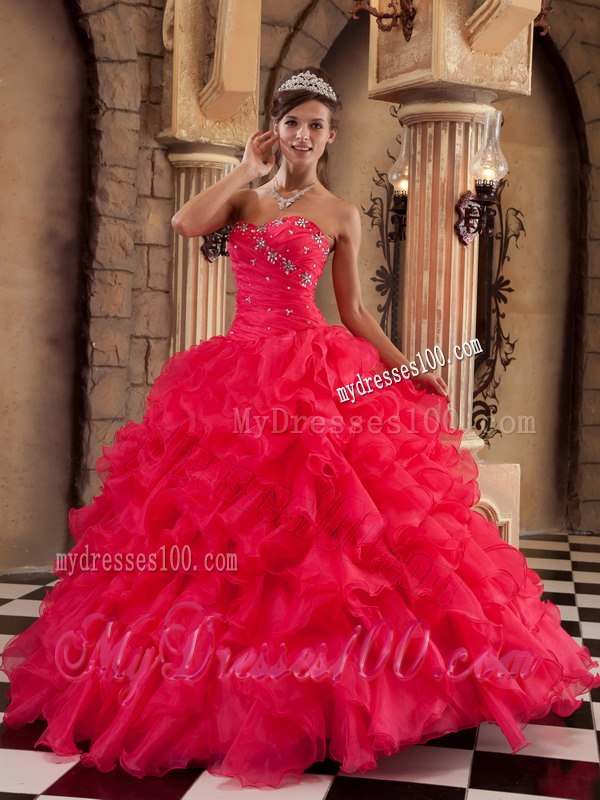 Red Ruffles Ball Gown Sweetheart Organza Quinceanera Dresses