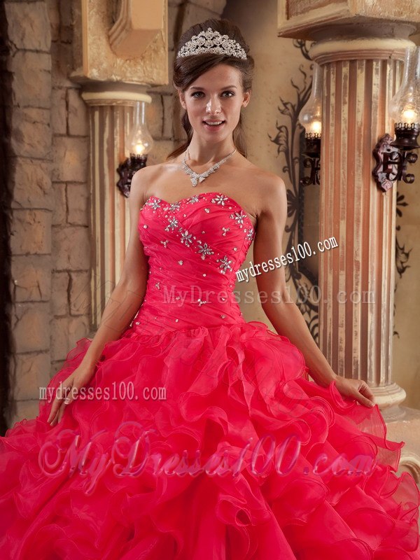 Red Ruffles Ball Gown Sweetheart Organza Quinceanera Dresses