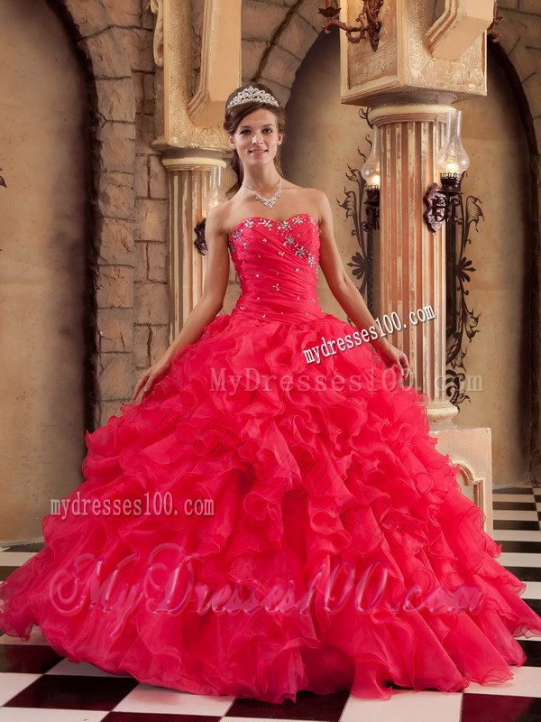 Red Ruffles Ball Gown Sweetheart Organza Quinceanera Dresses