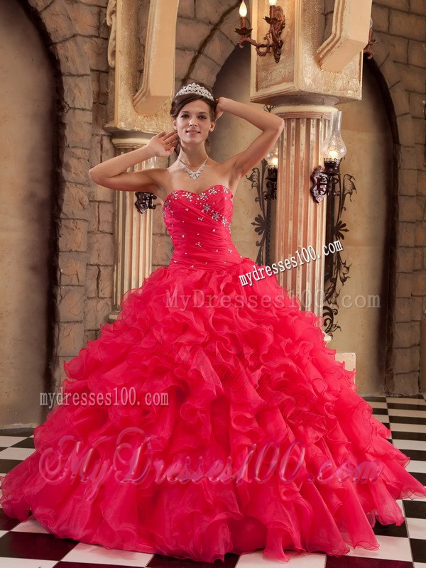 Red Ruffles Ball Gown Sweetheart Organza Quinceanera Dresses