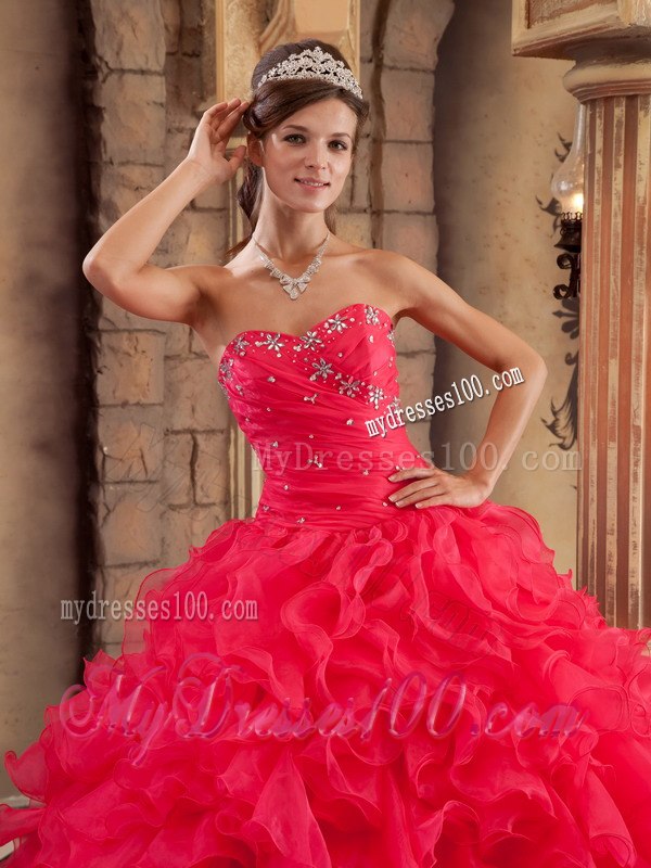 Red Ruffles Ball Gown Sweetheart Organza Quinceanera Dresses
