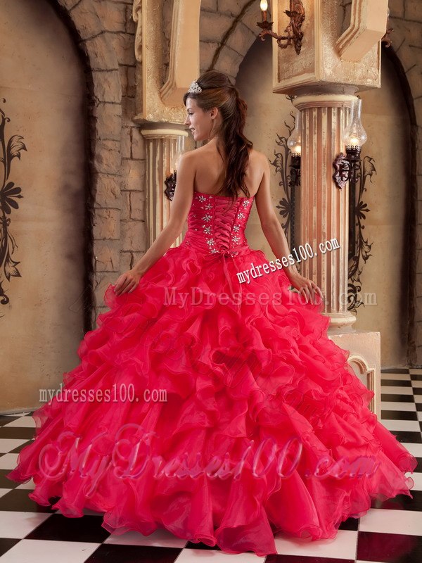 Red Ruffles Ball Gown Sweetheart Organza Quinceanera Dresses