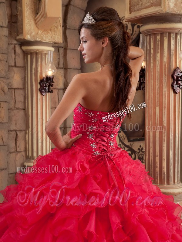 Red Ruffles Ball Gown Sweetheart Organza Quinceanera Dresses