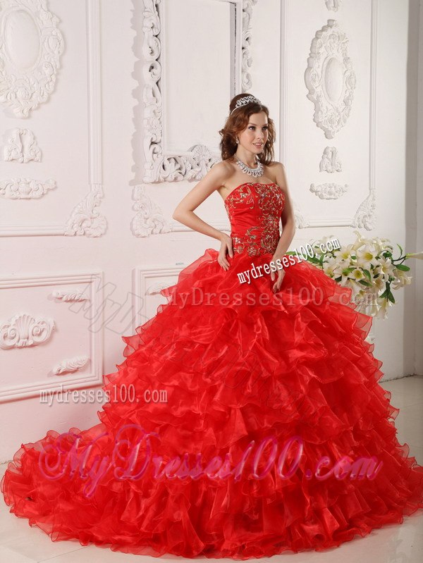 Red Ruffles And Embroidery Decorate Quinceanera Dress for 2013
