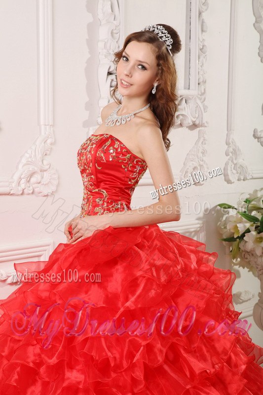 Red Ruffles And Embroidery Decorate Quinceanera Dress for 2013