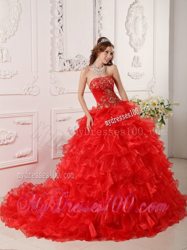 Red Ruffles And Embroidery Decorate Quinceanera Dress for 2013