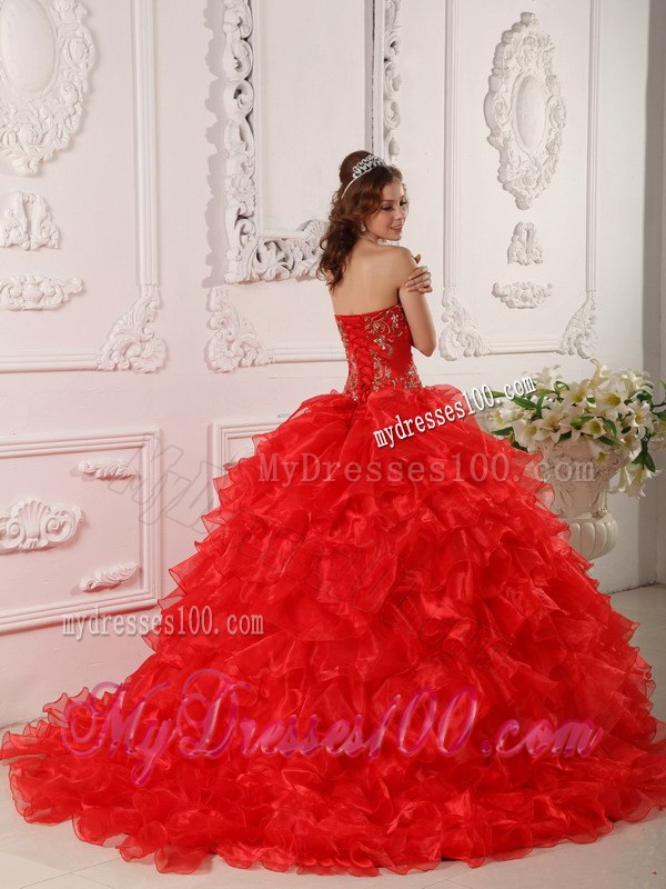 Red Ruffles And Embroidery Decorate Quinceanera Dress for 2013