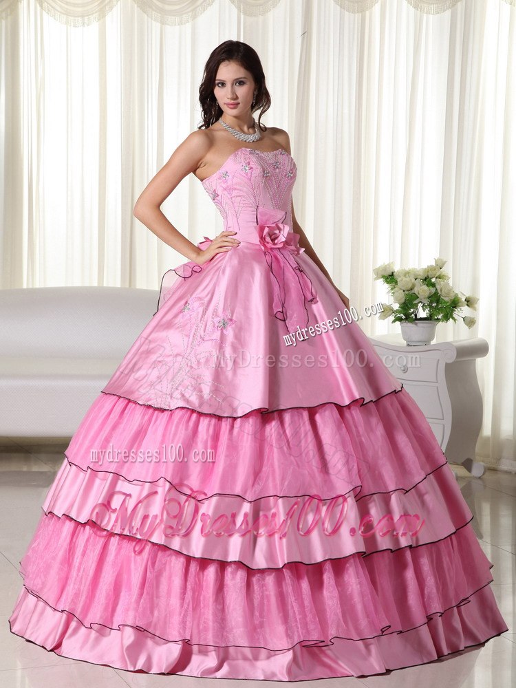 Hand Flowers Embroidery Rose Pink Strapless Beading Quinceanera Dress