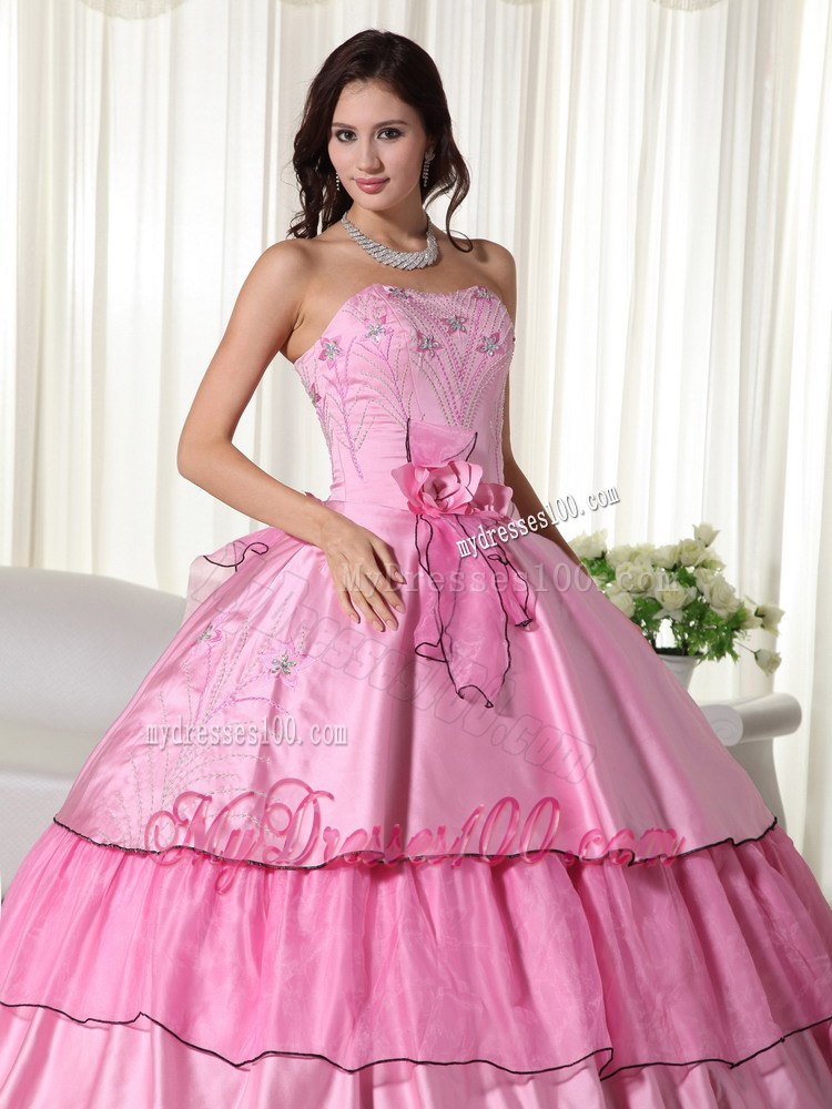 Hand Flowers Embroidery Rose Pink Strapless Beading Quinceanera Dress