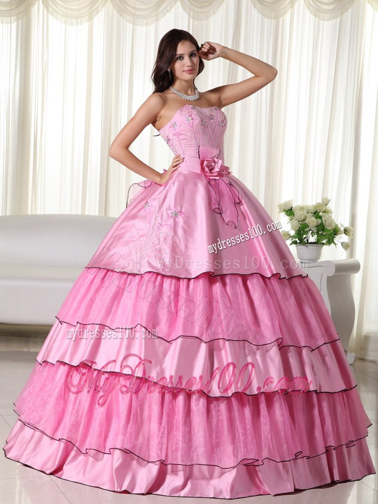 Hand Flowers Embroidery Rose Pink Strapless Beading Quinceanera Dress