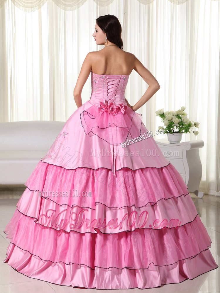 Hand Flowers Embroidery Rose Pink Strapless Beading Quinceanera Dress