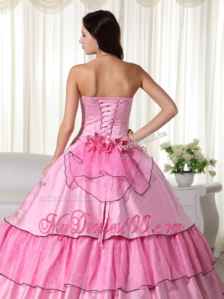 Hand Flowers Embroidery Rose Pink Strapless Beading Quinceanera Dress