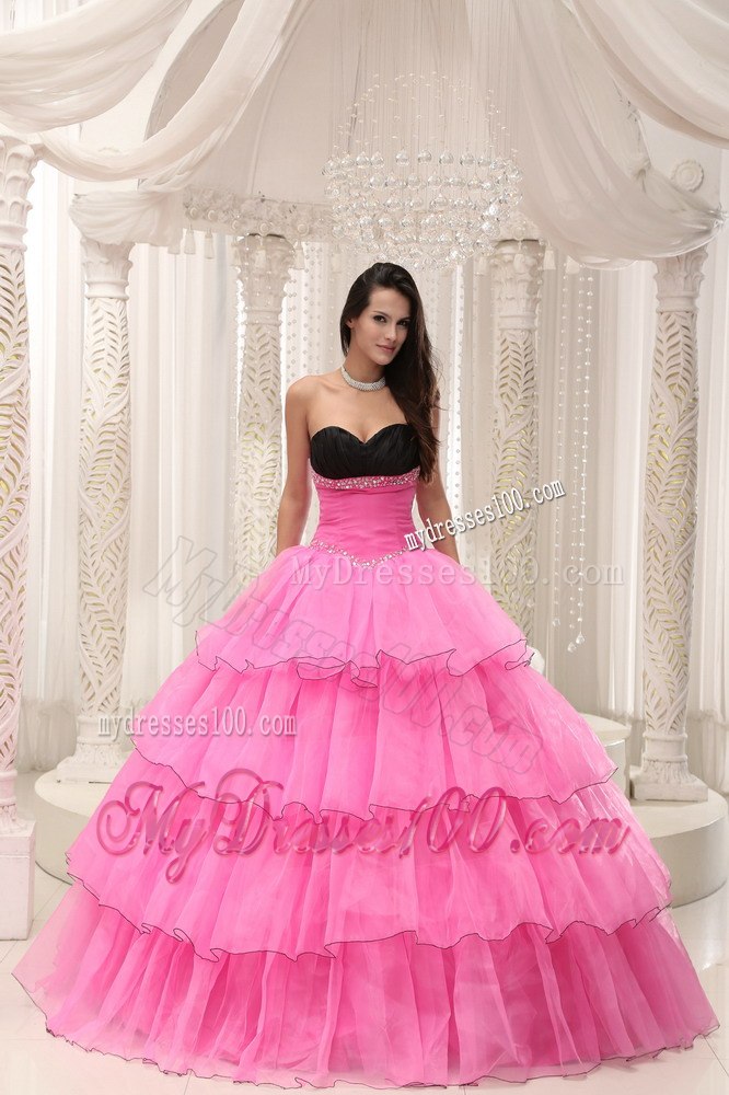 Beaded and Layers Rose Pink Sweetheart Ball Gown Quinceanera Dress