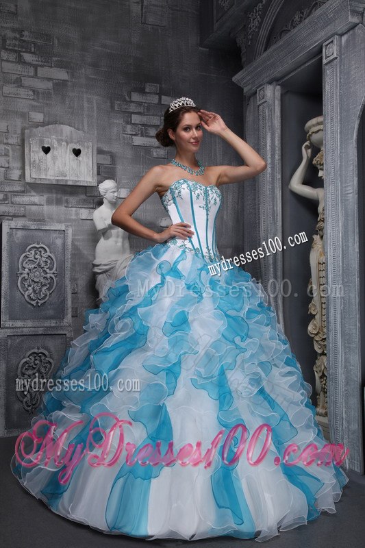 White and Blu Sweetheart Taffeta and Organza Appliques Sweet 16 Ball Gown
