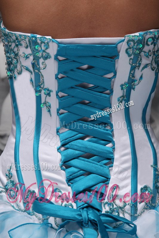White and Blu Sweetheart Taffeta and Organza Appliques Sweet 16 Ball Gown