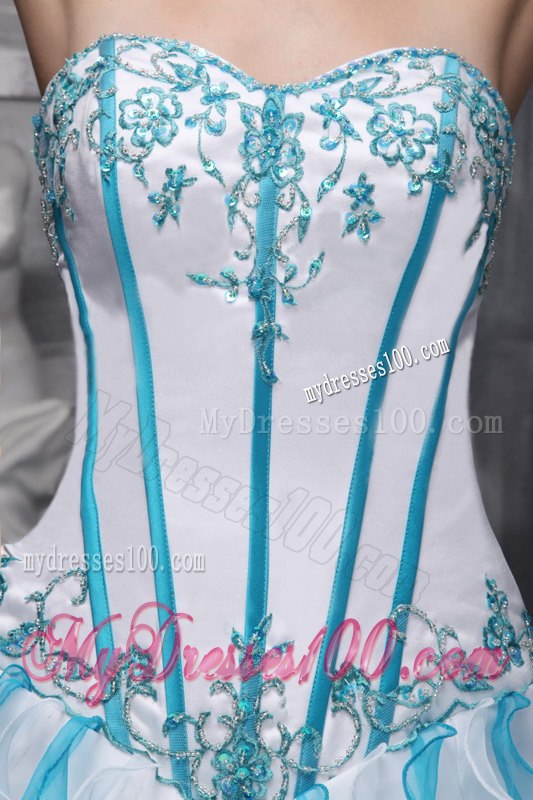 White and Blu Sweetheart Taffeta and Organza Appliques Sweet 16 Ball Gown