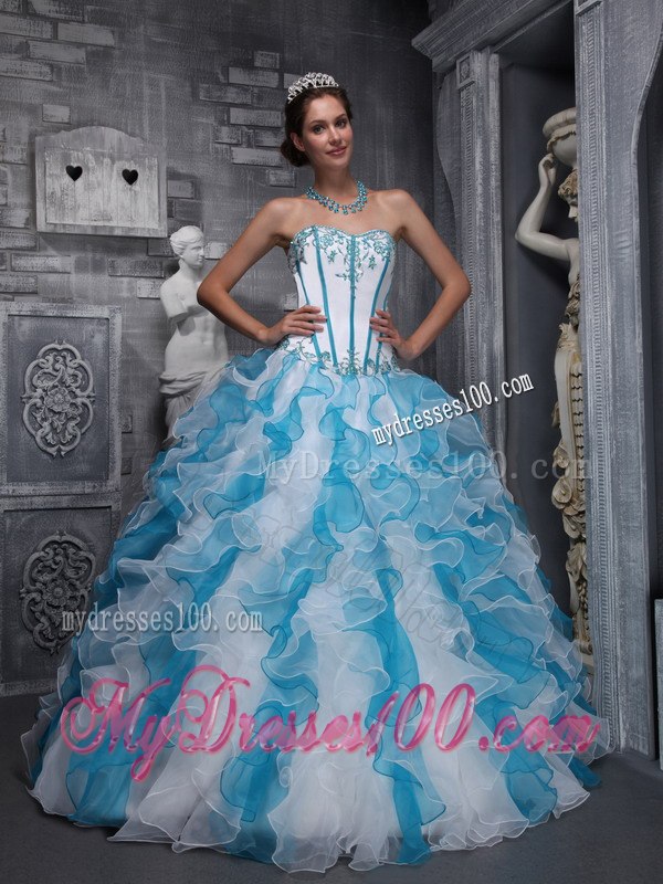 White and Blu Sweetheart Taffeta and Organza Appliques Sweet 16 Ball Gown