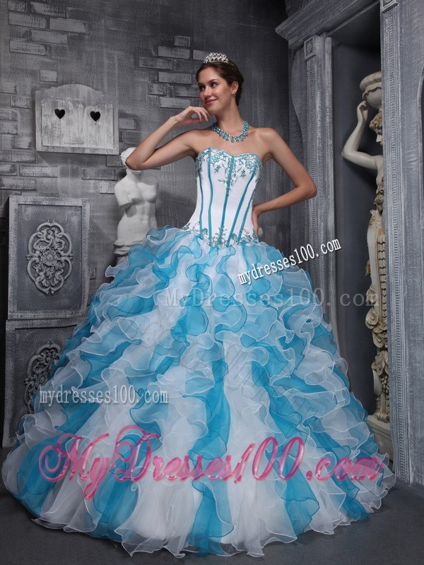 White and Blu Sweetheart Taffeta and Organza Appliques Sweet 16 Ball Gown