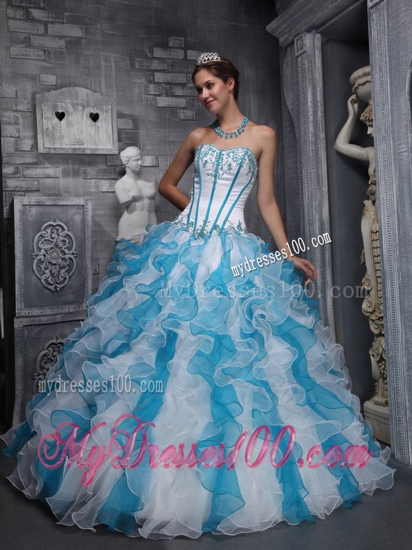 White and Blu Sweetheart Taffeta and Organza Appliques Sweet 16 Ball Gown